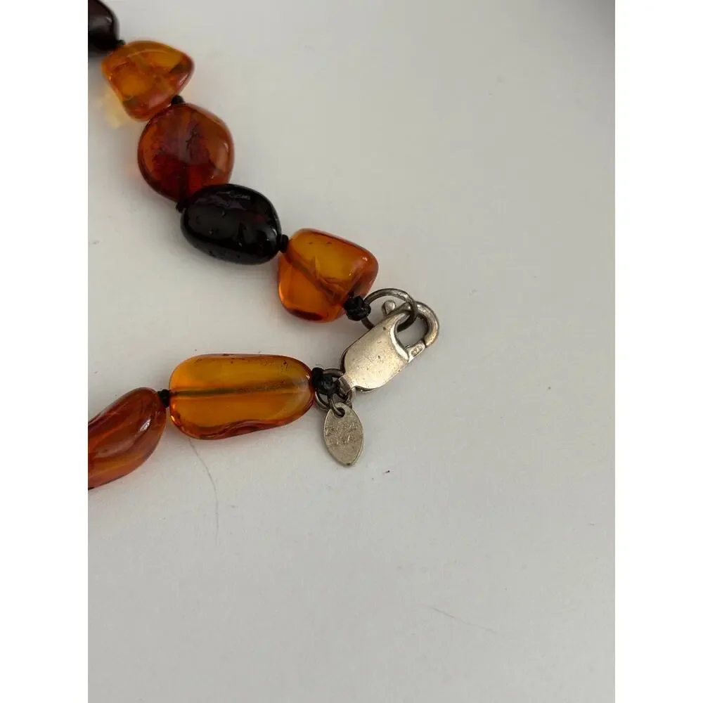 Vintage Amber Long Beaded Necklace Sterling Silver Clasp Signed ZIV 925 USA